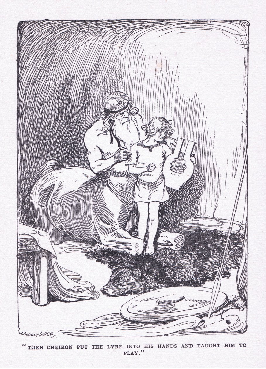 De Cheiron gaf hem de lier in zijn handen en bracht hem om te spelen, uit The Heroes gepubliceerd door George Allen en Unwin 1929 door George Soper