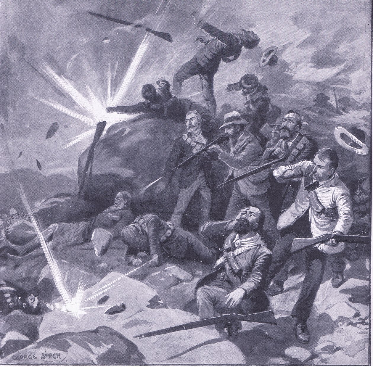 De laatste stand van de politie van Johannesburg bij Bergendal, illustratie uit Na Pretoria: De Guerrillaoorlog, 1902 door George Soper