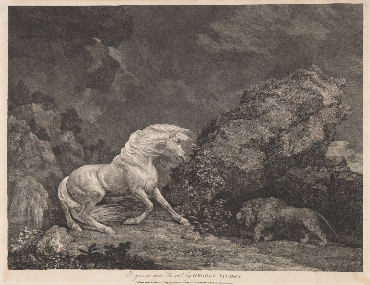 Een paard geschrokken van een leeuw door George Stubbs