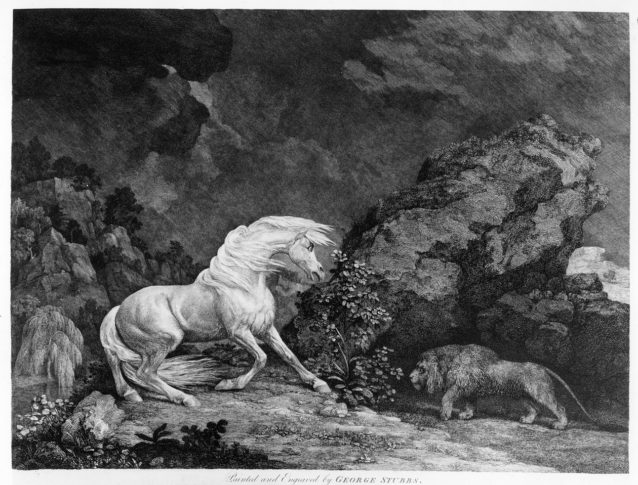 Een paard geschrokken door een leeuw, gegraveerd door de kunstenaar door George Stubbs