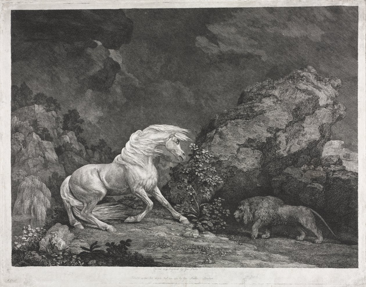 Een paard dat bang is voor een leeuw door George Stubbs