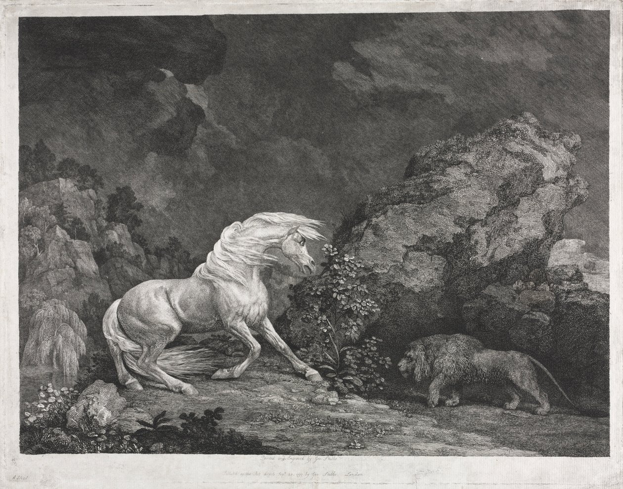 Een paard geschrokken door een leeuw, 1777 door George Stubbs