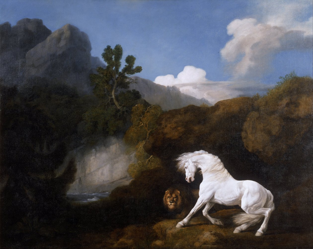 Paard geschrokken van leeuw door George Stubbs