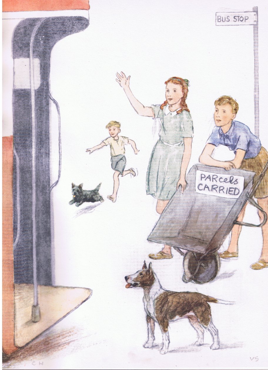 Toen de bus arriveerde, stond David met de kruiwagen scheef, zo stond te lezen op het bord, van Pets Limited uitgegeven door Collins door George Vernon Stokes