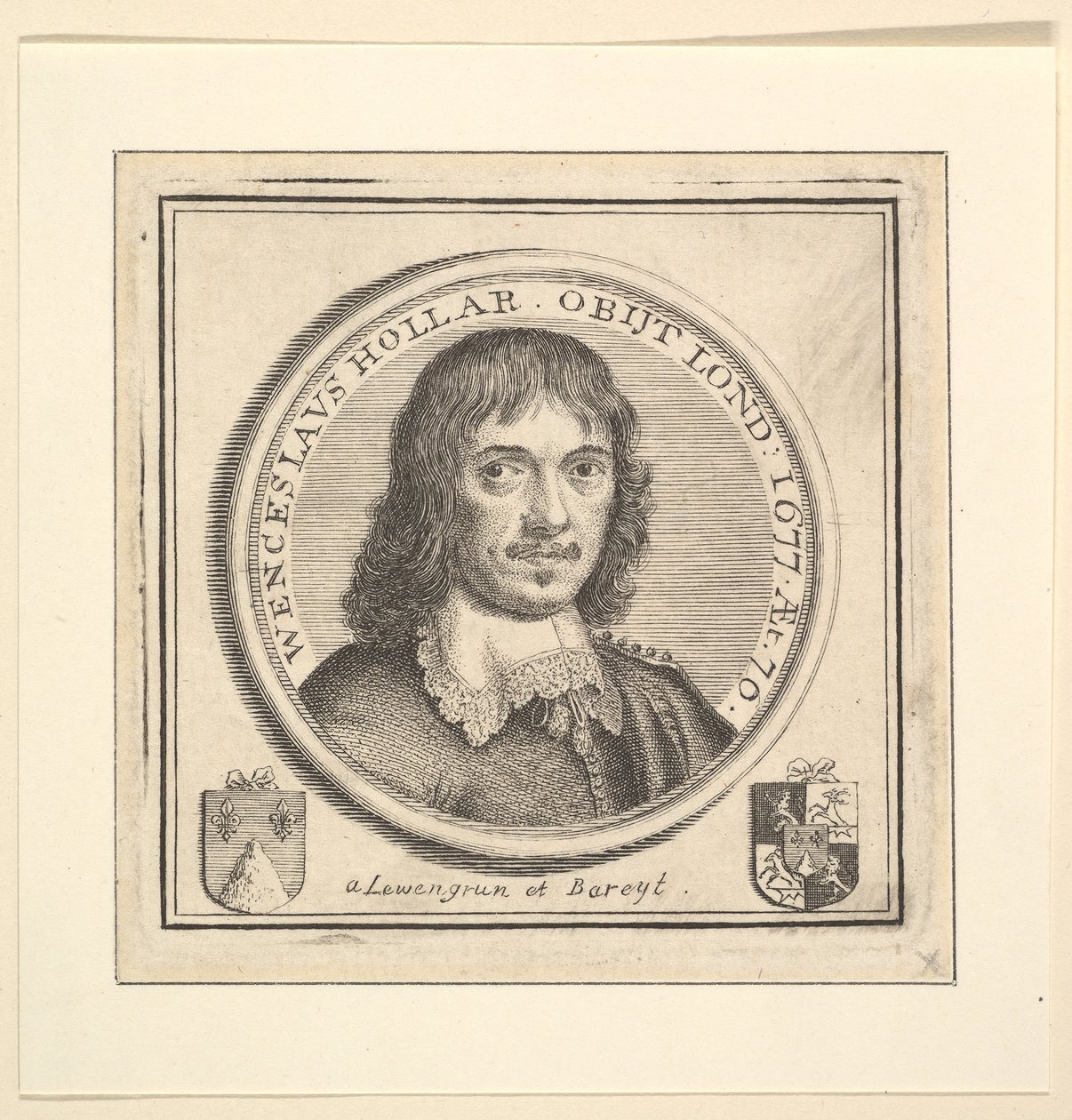 Buste van Hollar in een cirkelvormige lijst gepubliceerd in Vertues, Beschrijving van de werken van de..., 1745 door George Vertue