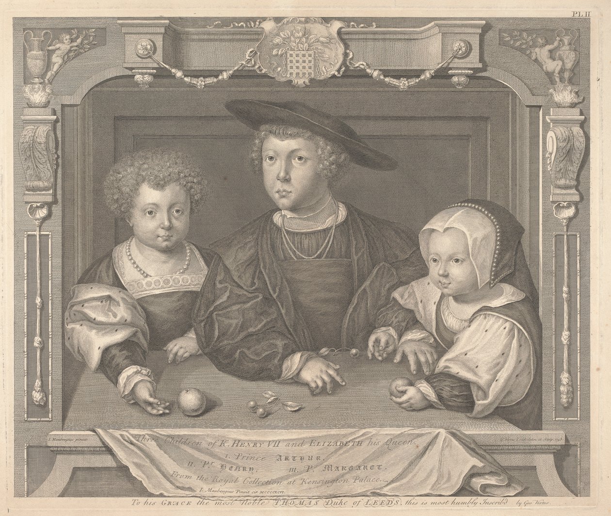 Drie kinderen van Hendrik VII en Elizabeth zijn koningin, Prins Arthur, Prins Hendrik en Prinses Margaret door George Vertue