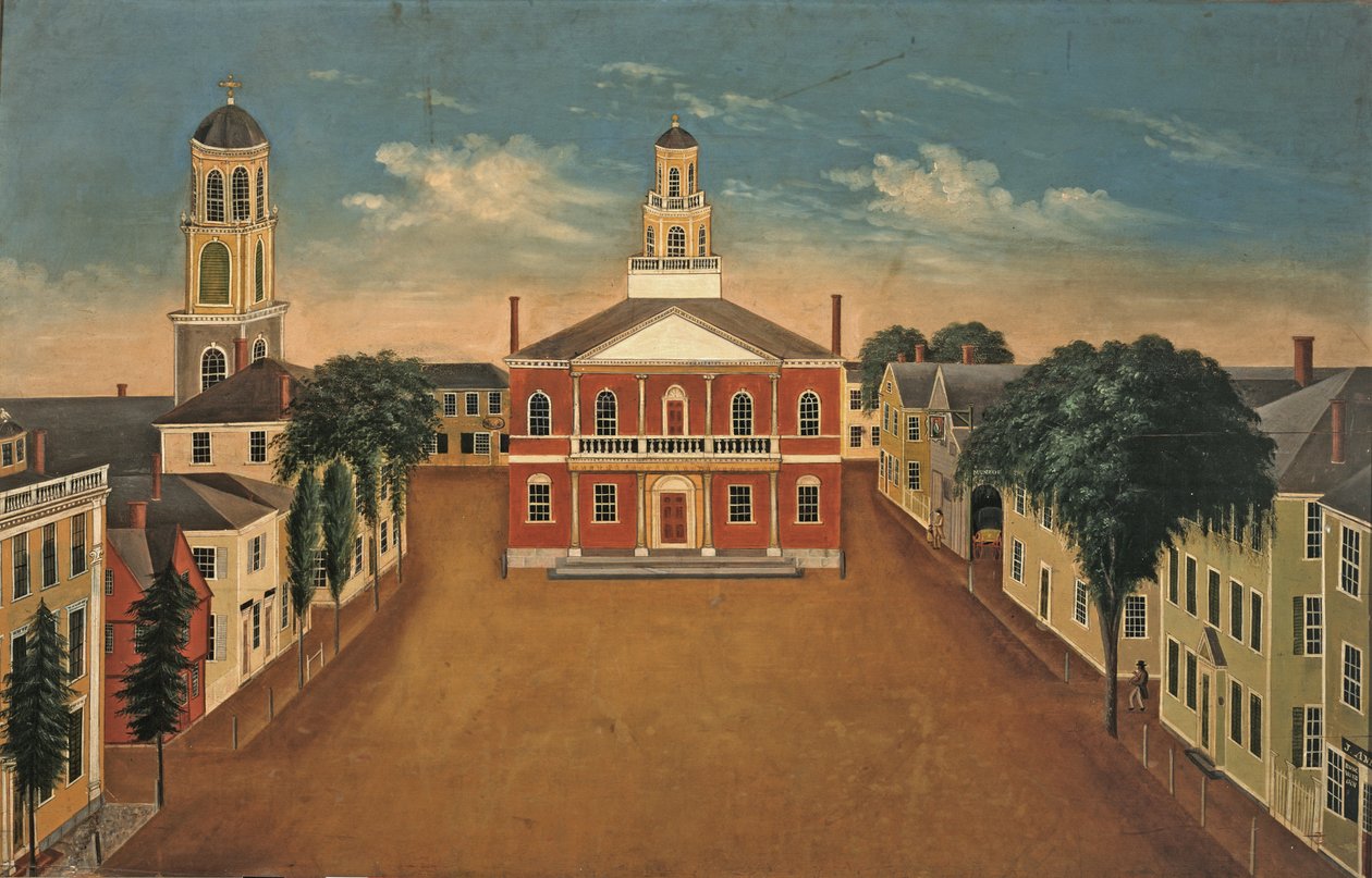 Brandplaat met een afbeelding van Court House Square, Salem door George Washington Felt