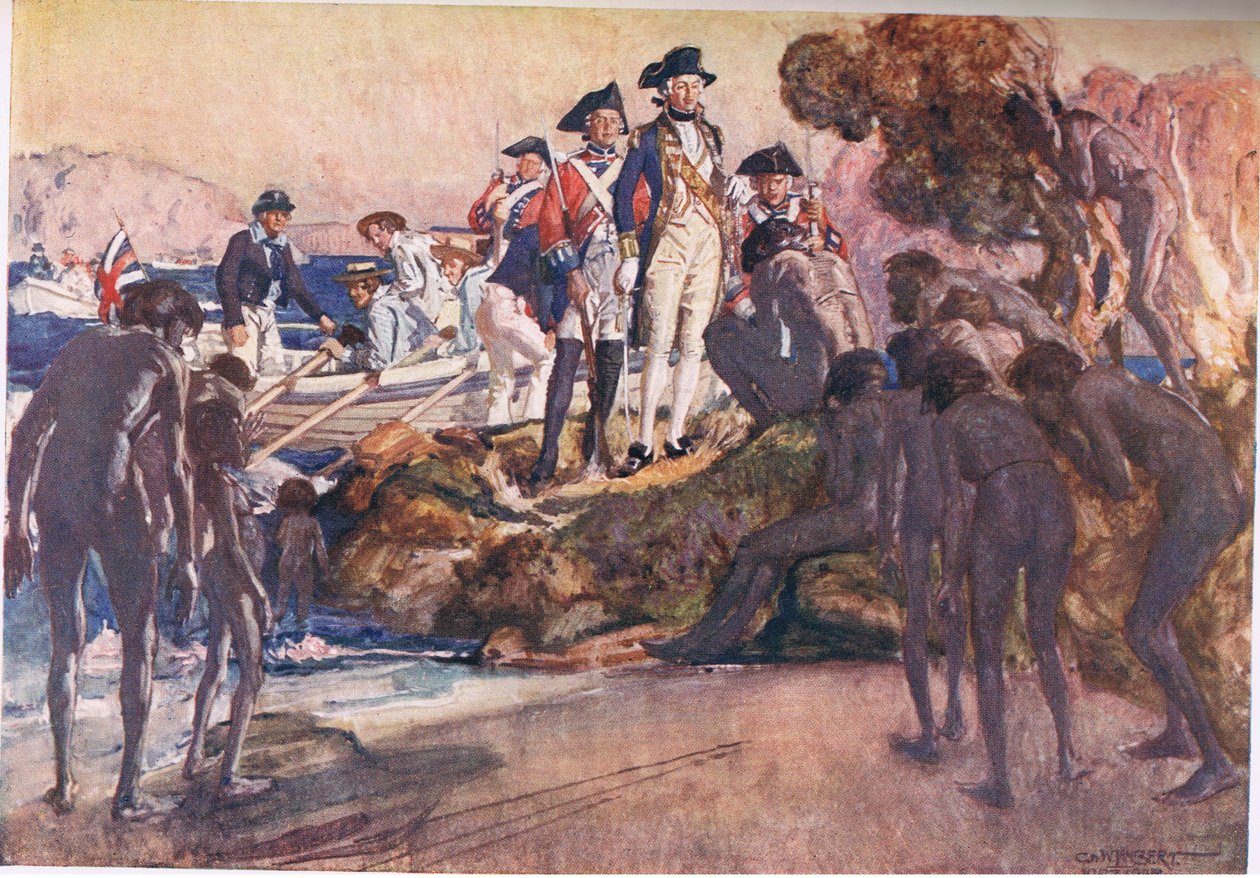 Gouverneur Phillip in Sydney Cove (kleur litho) door George Washington Lambert