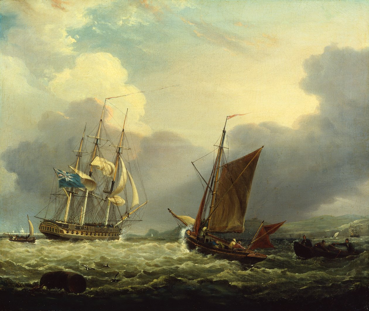 Een 36 Kanons Fregat bij de Kust van Devon door George Webster