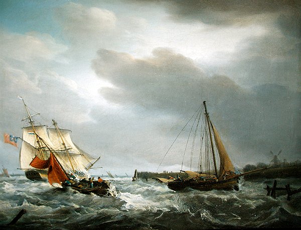 Een Brits Oorlogsschip dat de Monding van een Estuarium Passeert door George Webster