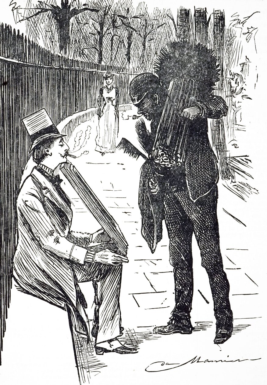 Een cartoon van een schoorsteenveger die zijn borstels door de straten van Londen draagt door George du Maurier