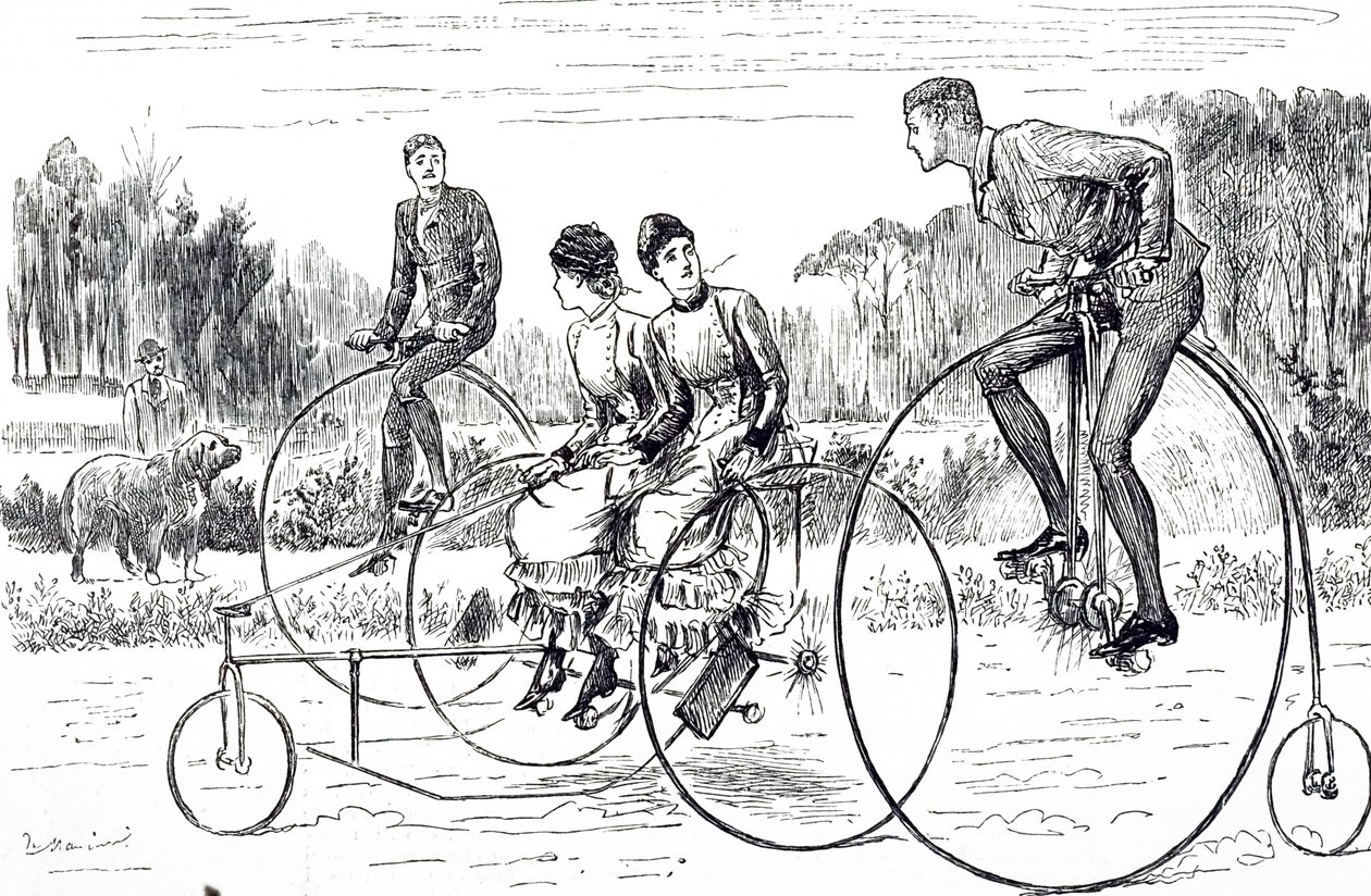 Een cartoon van een groep jonge mensen op driewielers door George du Maurier