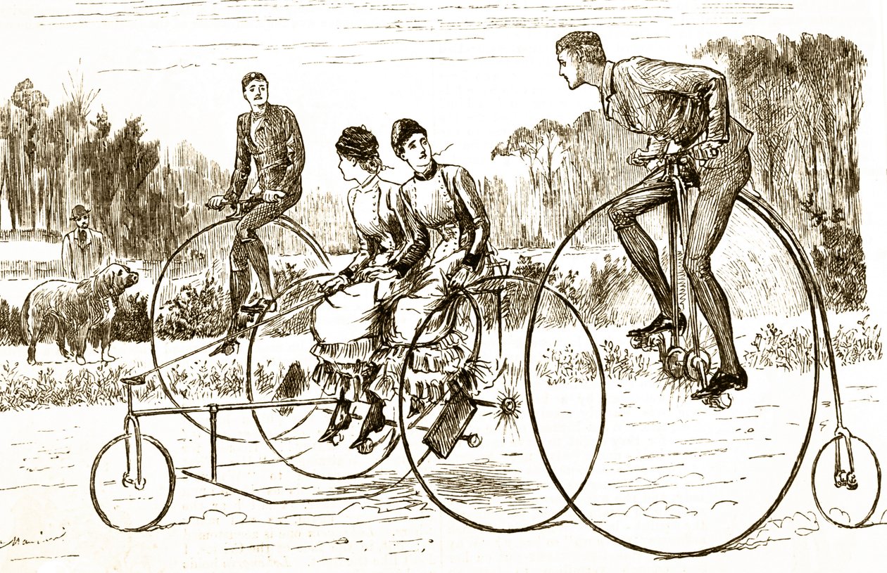 Een cartoon van een groep jonge mensen die op driewielers rijden door George du Maurier