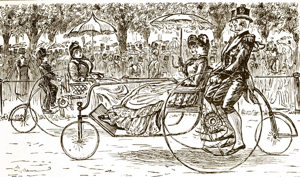 Een gravure die passagiers toont in fietskarren door George du Maurier