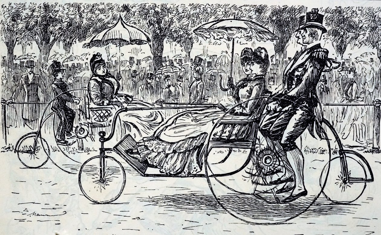 Een gravure die passagiers toont in fietskarren door George du Maurier