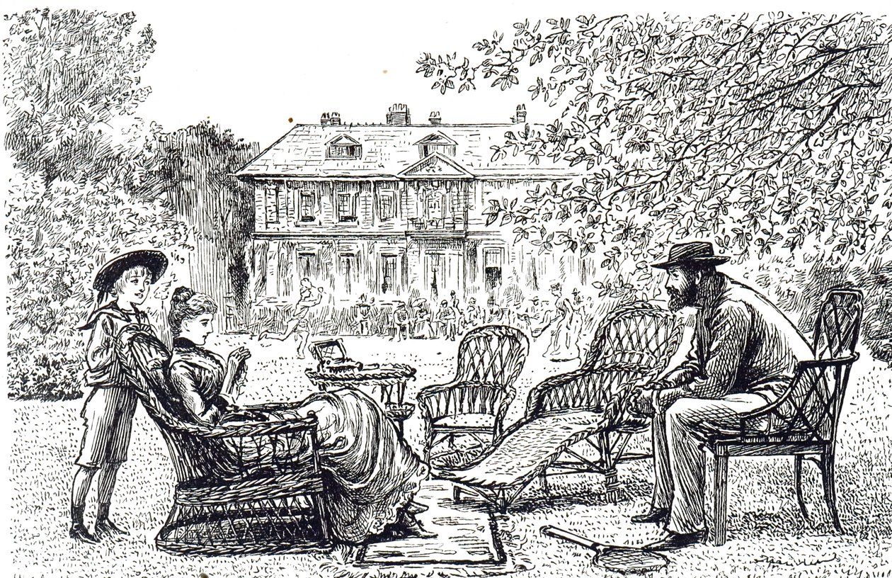 Een gravure die typisch vlechtwerkmeubilair afbeeldt. Geïllustreerd door George du Maurier door George du Maurier