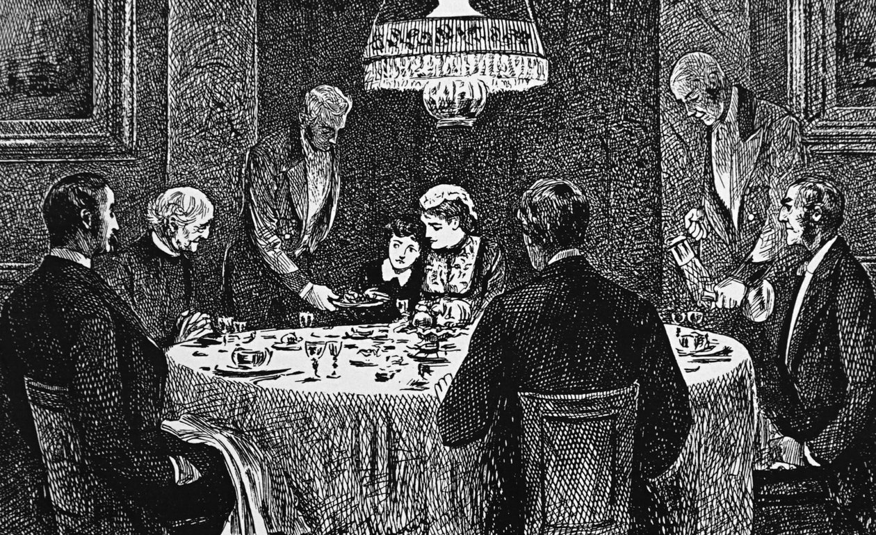 Een hogere klasse familie aan tafel door George du Maurier