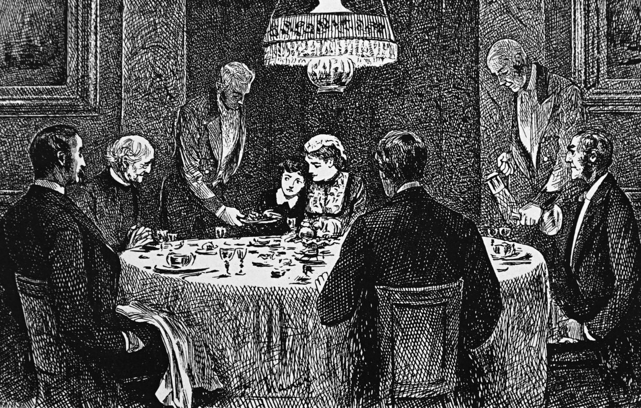Een familie uit de hogere klasse aan tafel door George du Maurier