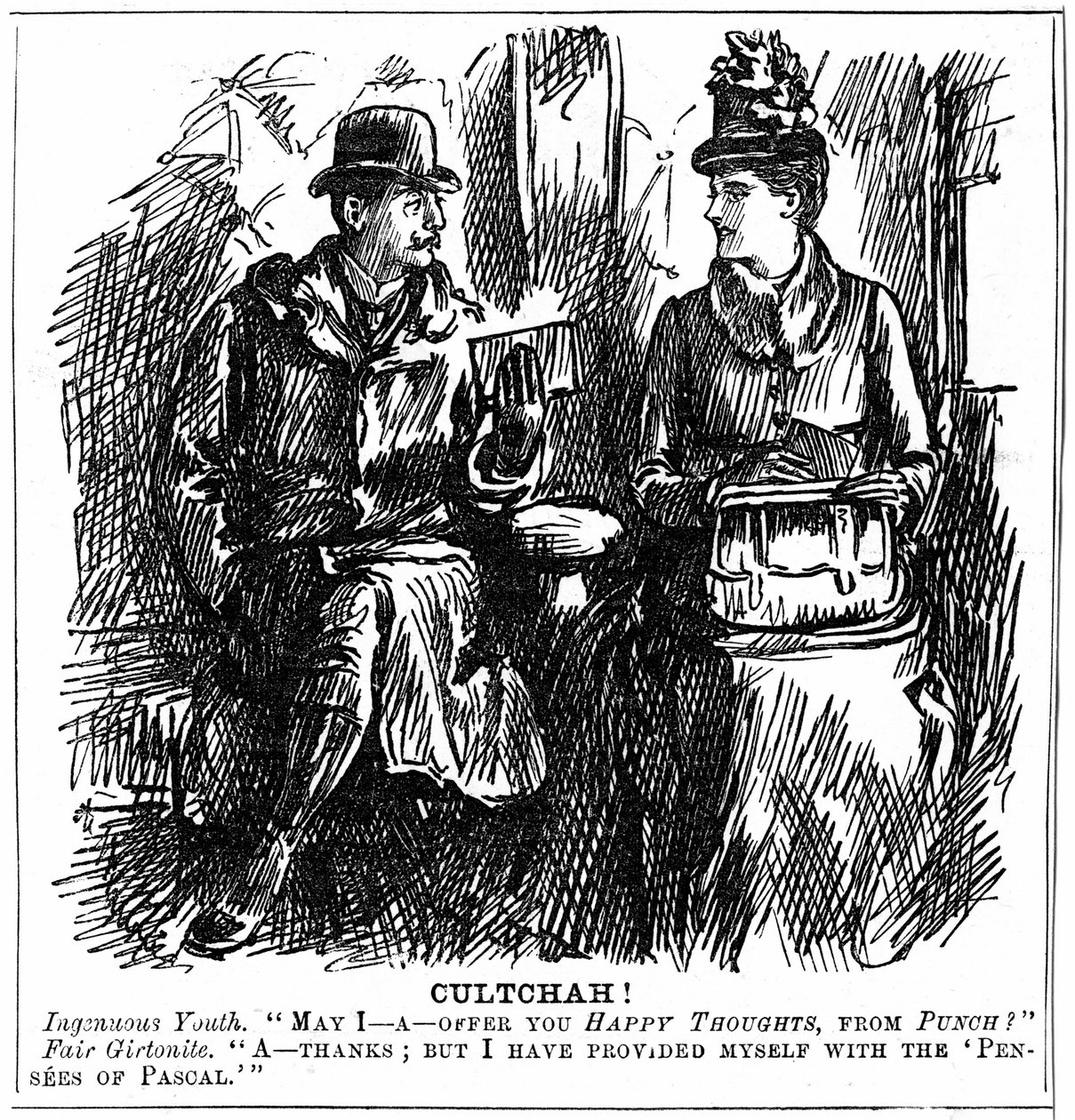 Voordelen van universitaire opleiding voor vrouwen. George du Maurier cartoon uit Punch, Londen 8 december 1887. Jonge man in trein biedt afgestudeerde van Girton, Cambridge, wat lichte lectuur aan voor de reis. Ze weigert beleefd omdat ze zichzelf heeft u door George du Maurier