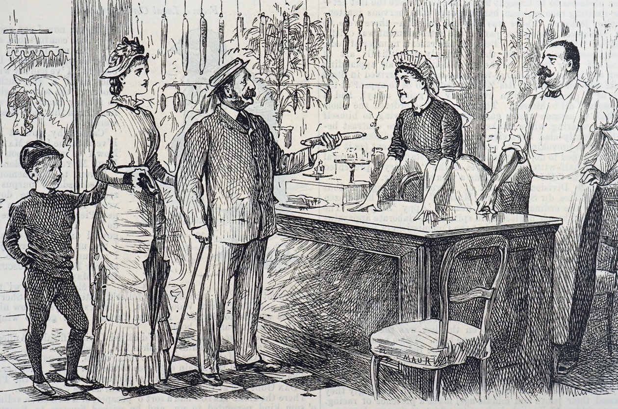 Cartoon over de wankele kennis van het metrieke stelsel van de gemiddelde Engelsman door George du Maurier