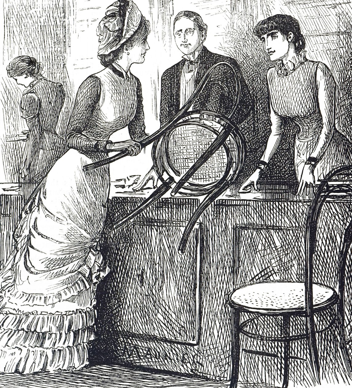 Cartoon die commentaar geeft op de werkomstandigheden van winkelbedienden door George du Maurier