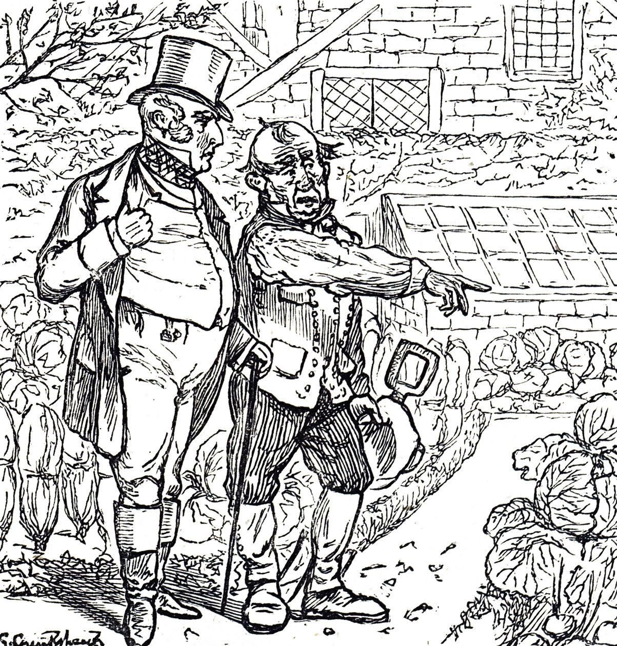 Cartoon die een heer met de tuinman in de groentetuin toont door George du Maurier