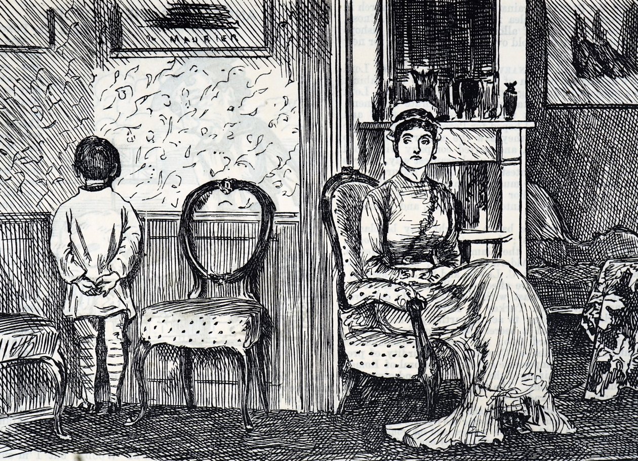 Cartoon die een moeder afbeeldt die haar zoon straft door hem met zijn gezicht naar de muur te laten staan door George du Maurier