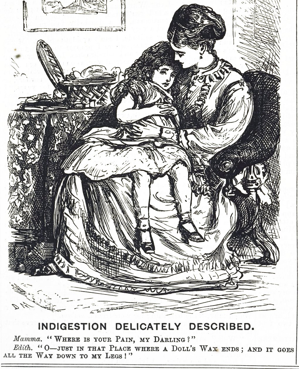 Cartoon die een jong meisje toont dat lijdt aan indigestie door George du Maurier