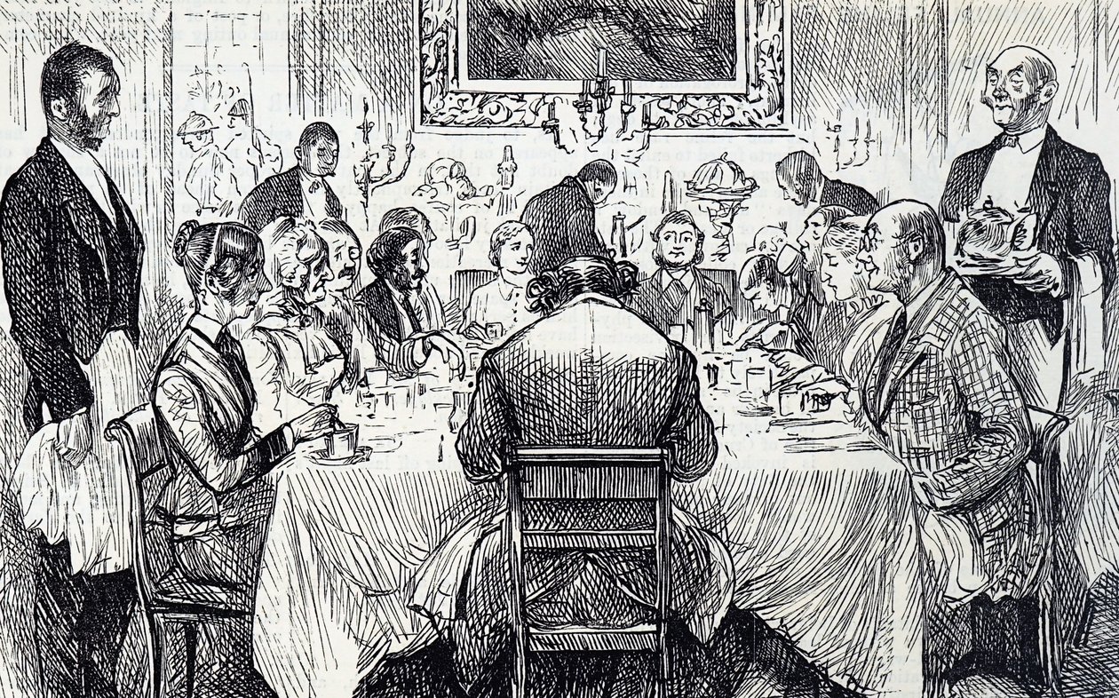 Cartoon die een elegant soirée in een Victoriaans huis afbeeldt door George du Maurier