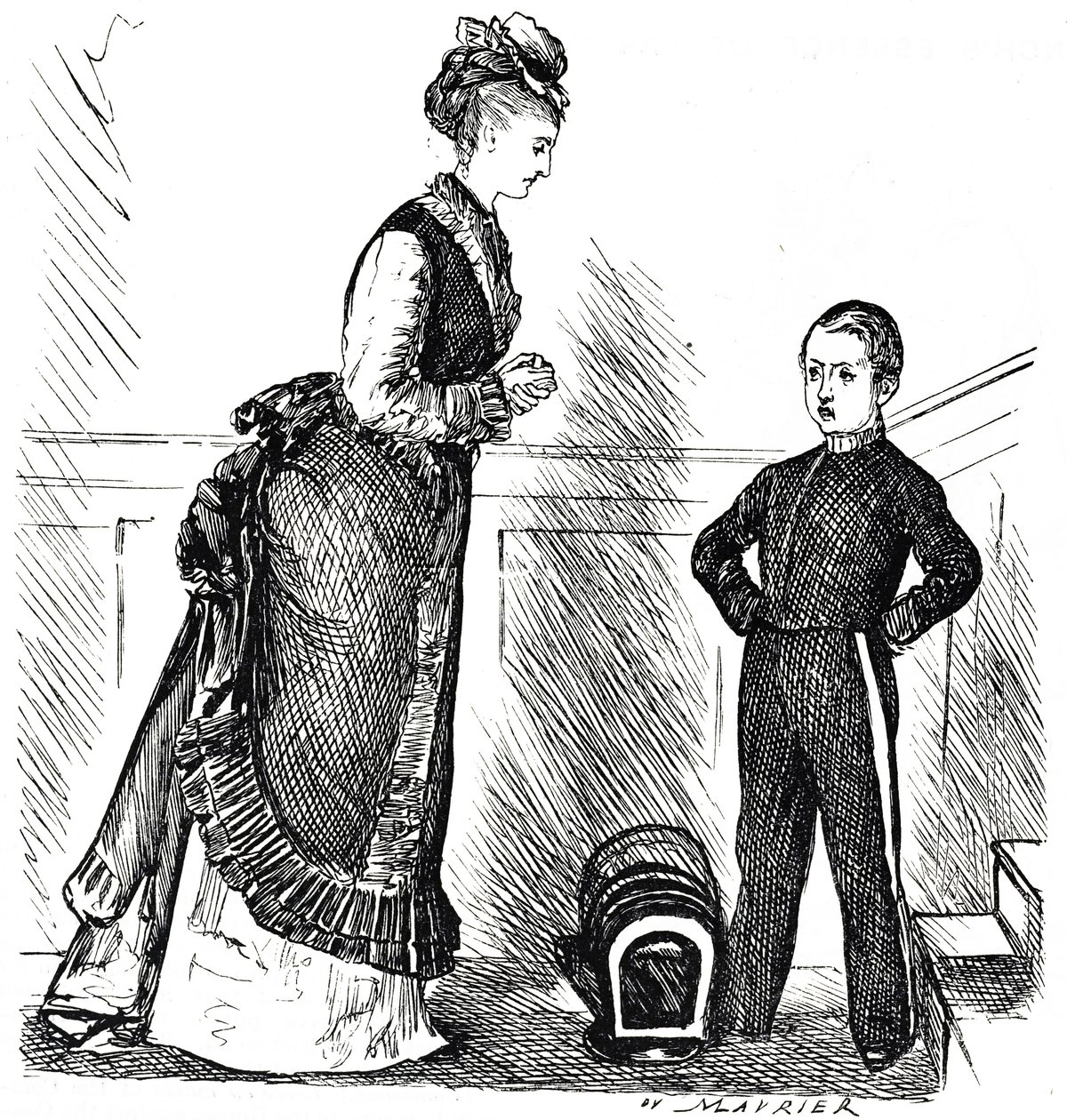 Cartoon van een brutale jongen die zijn moeder ongehoorzaam is door George du Maurier
