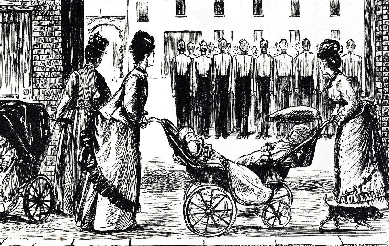 Cartoon die kindermeisjes afbeeldt die hun kinderwagens langs de kazerne rijden door George du Maurier