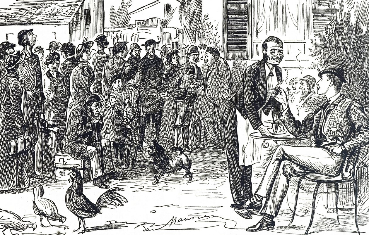 Cartoon van de vroege dagen van de Thomas Cook rondleiding door George du Maurier