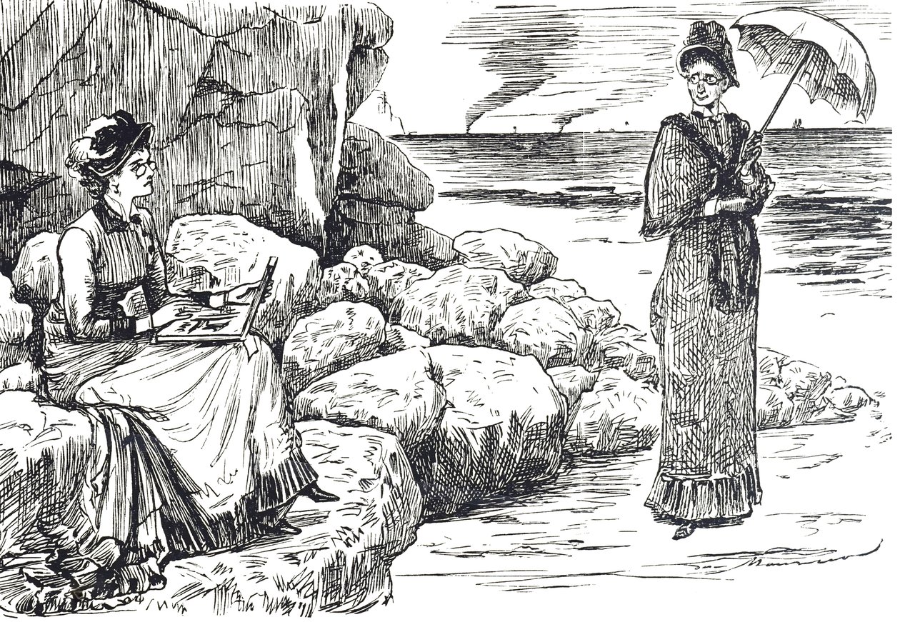 Cartoon die vrouwen met pince-nez brillen toont door George du Maurier