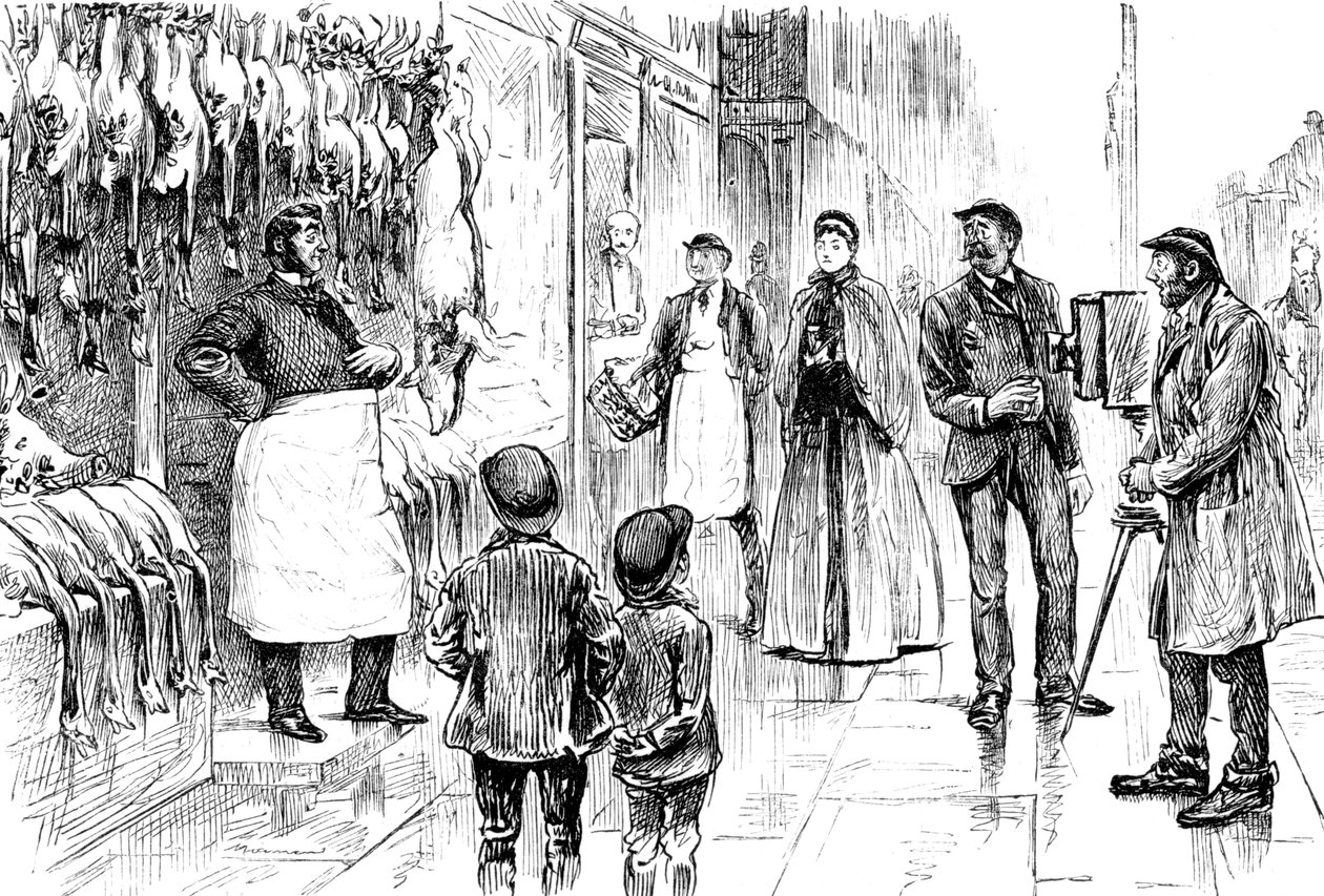 Gravure die een slager en poelier afbeeldt die voor zijn kerstetalage wordt gefotografeerd door George du Maurier. George du Maurier (1834-1896) een Frans-Britse cartoonist en auteur. Gedateerd 19e eeuw door George du Maurier