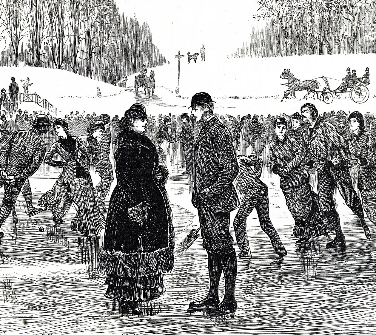 Gravure die een middelbaar echtpaar afbeeldt dat schaatst door George du Maurier