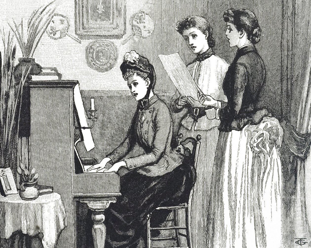 Gravure van jonge dames die zingen in de salon door George du Maurier