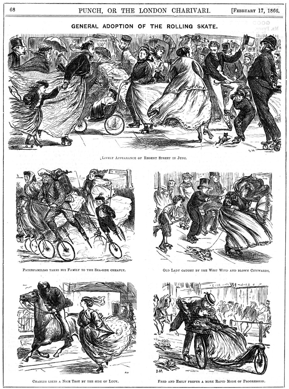 Algemene adoptie van de rolschaats. George du Maurier cartoons uit Punch door George du Maurier