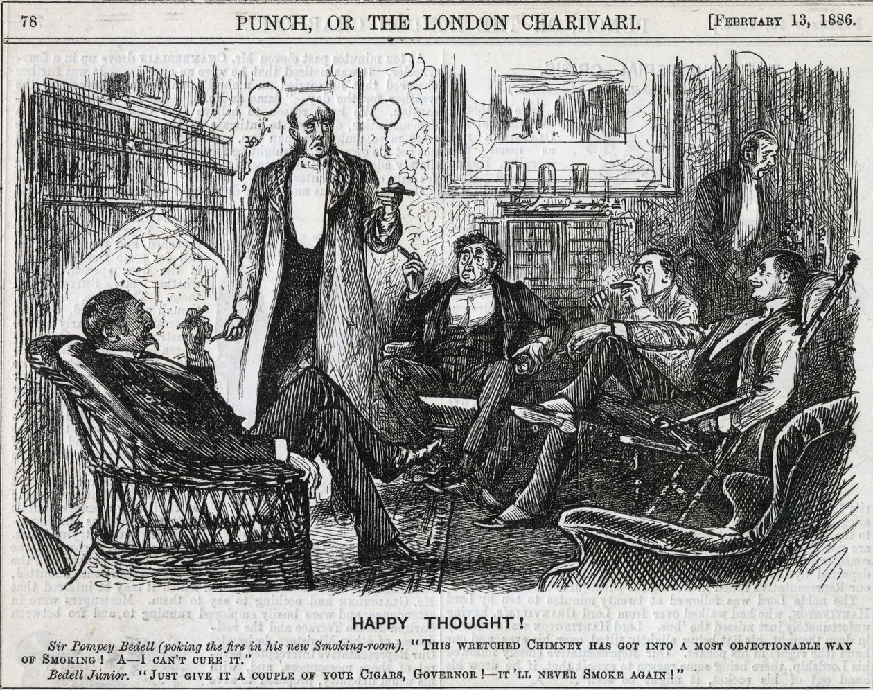 Heren verzameld in de rookkamer, rokend na het diner. George du Maurier cartoon uit Punch, Londen 1886 door George du Maurier