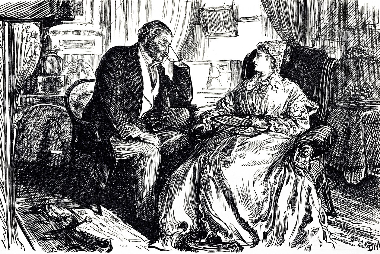 Georges du Maurier cartoon die een man en vrouw illustreert in gesprek over de kalmerende voordelen van levertraan. Engeland 1869 door George du Maurier