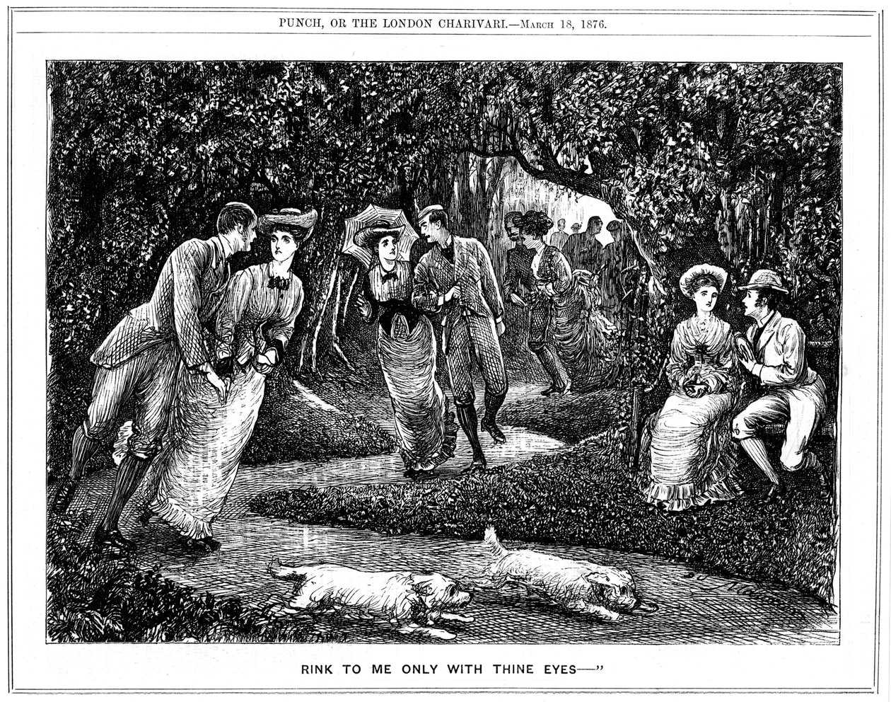 Toenemende populariteit van de rolschaats. George du Maurier cartoon uit Punch door George du Maurier