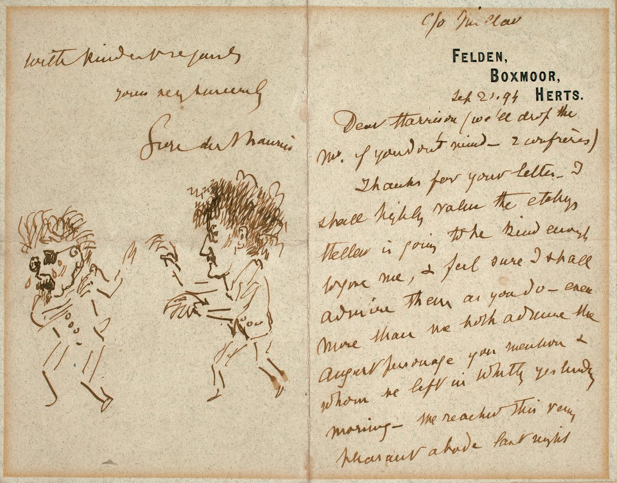 Brief met tekening van Whistler die Du Maurier bedreigt door George du Maurier