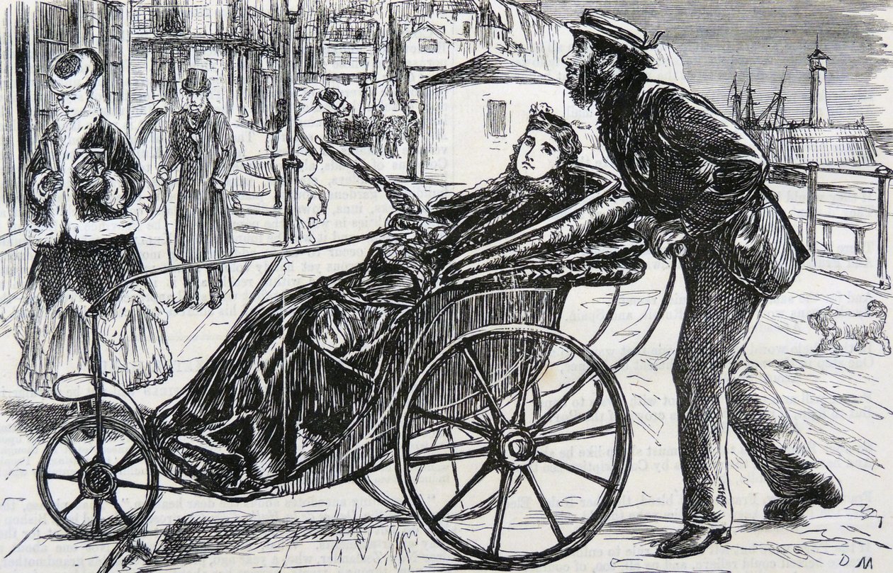 Patrick, die de badstoel van de dame duwt door George du Maurier