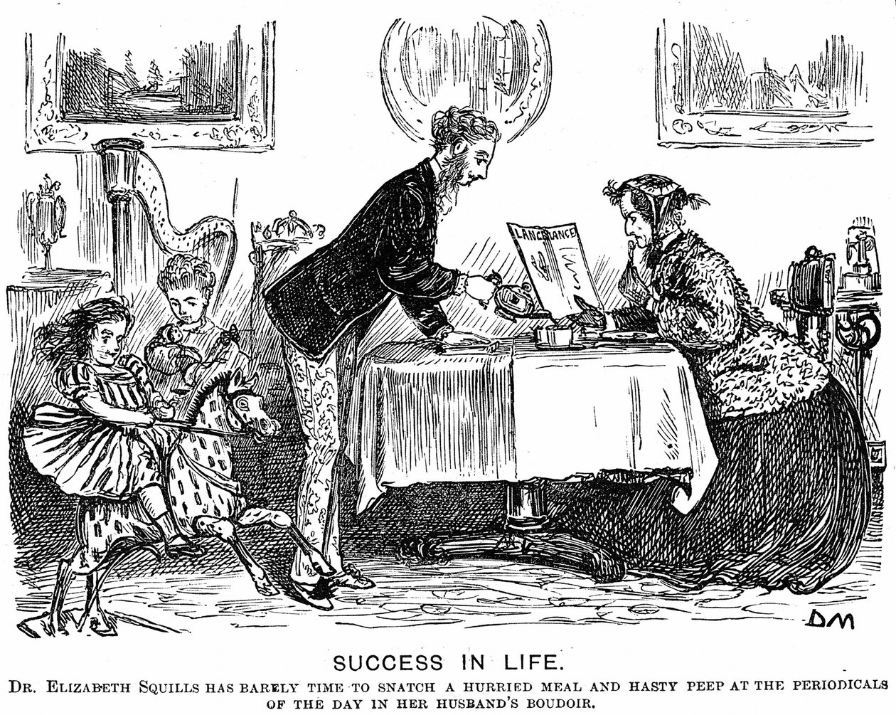Succes in het leven: Rolomkering en de moderne professionele vrouw. George du Maurier cartoon voor Punch Almanack voor 1867. In 1865 kreeg Elizabeth Garrett Anderson een vergunning om geneeskunde te beoefenen door de Society of Apothecaries door George du Maurier