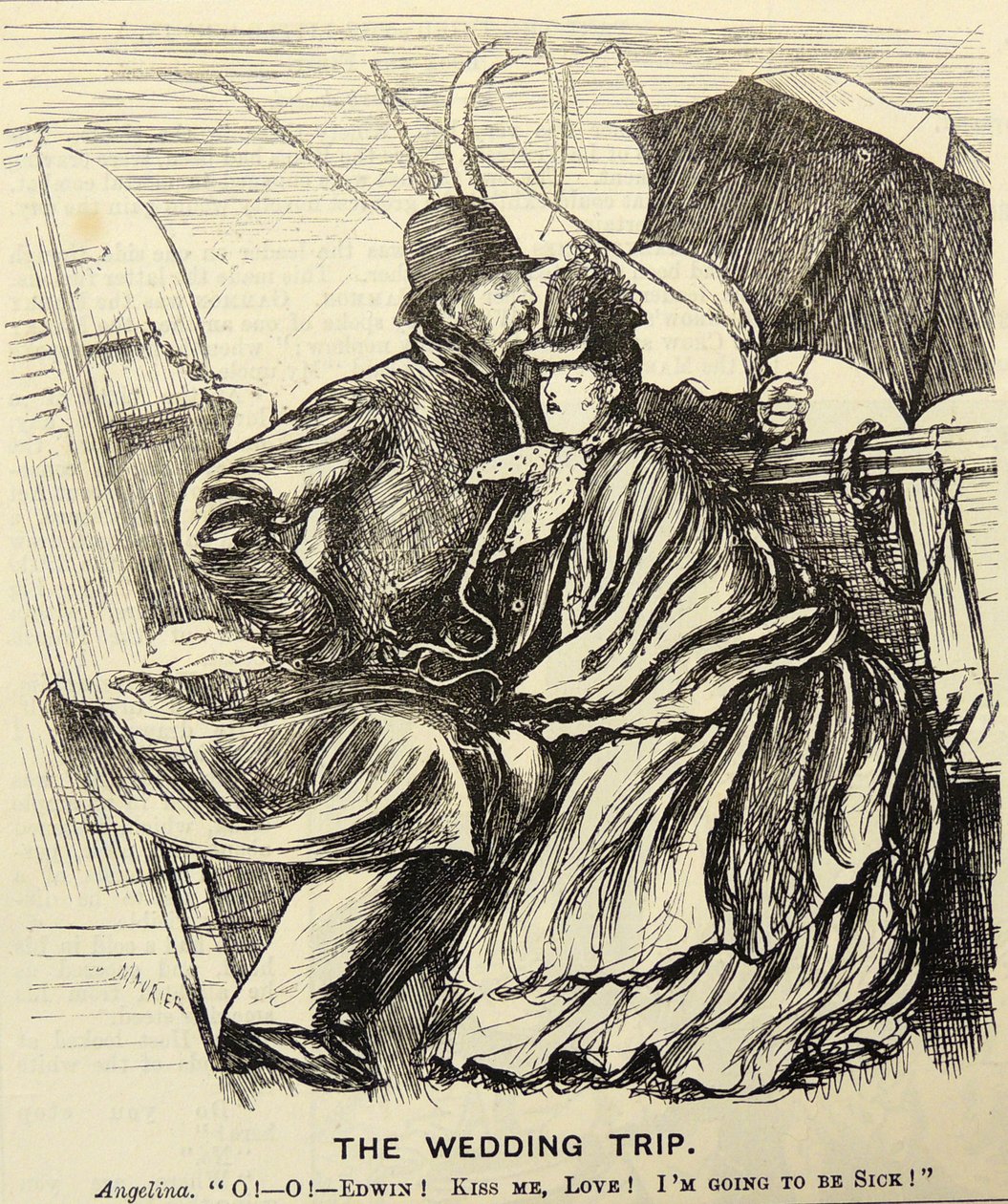 De Huwelijksreis: Huwelijksreis koppel lijdt aan zeeziekte tijdens het oversteken van het Kanaal. George du Maurier cartoon uit 