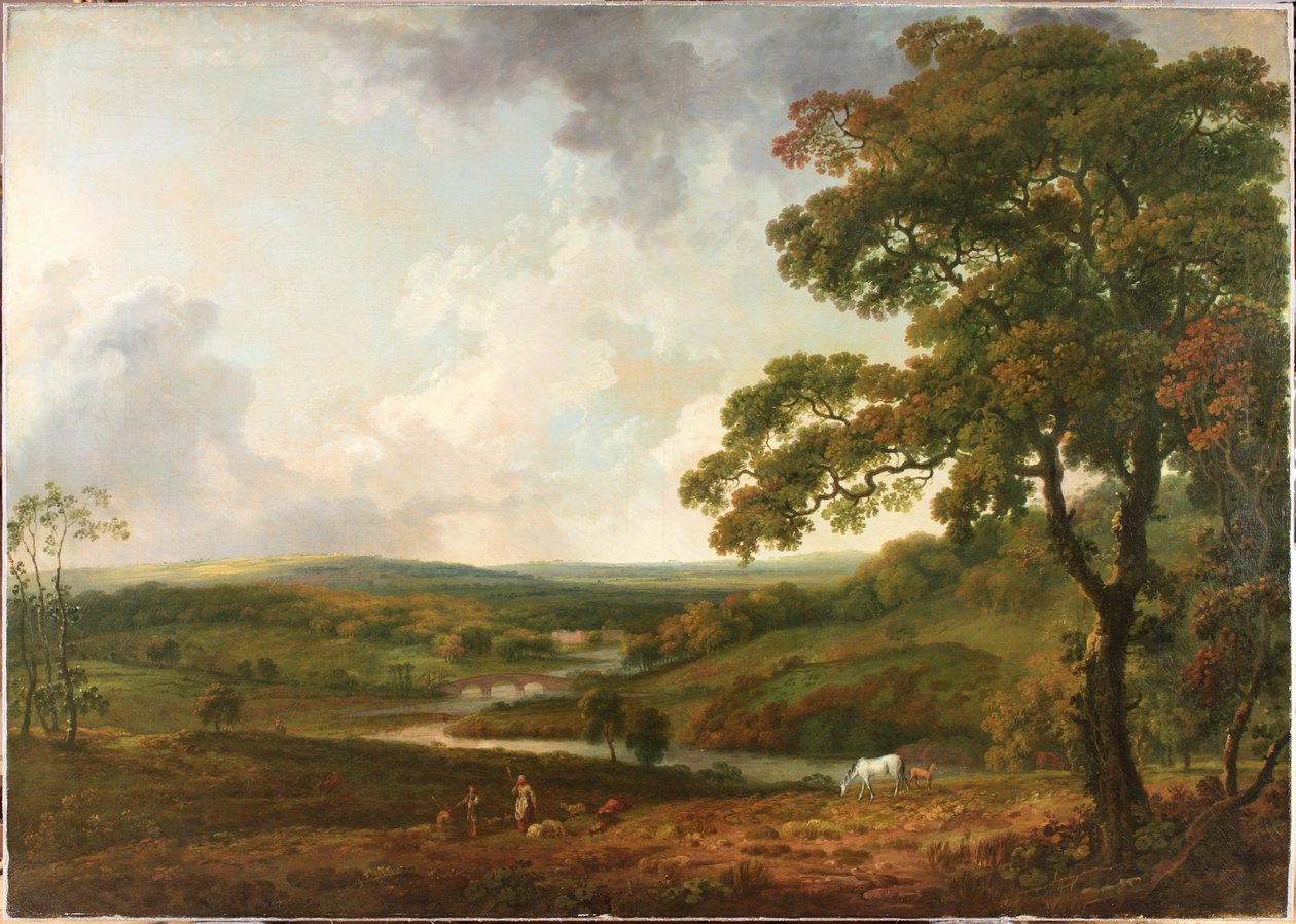 Een uitzicht in Welbeck Park met een kronkelende stroom door George the Elder Barret