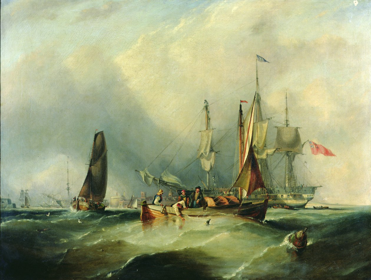 Een oorlogsschip en vissersboten bij Southsea door George the Elder Chambers