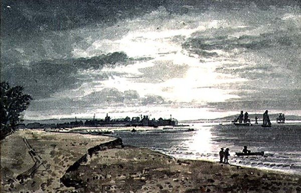 Uitzicht op de rivier Adur met New Shoreham in de verte door George the Younger Barret