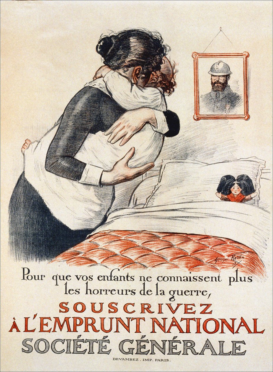 Om te voorkomen dat uw kinderen de verschrikkingen van de oorlog ervaren, abonneer u op de nationale lening van de Société Générale - poster, 1917 door Georges Redon