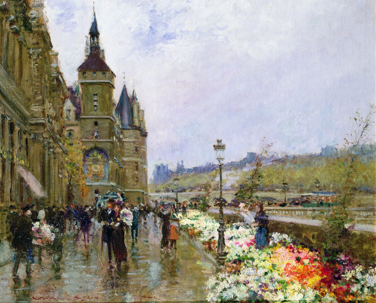 Bloemenverkopers bij de Seine door Georges Stein