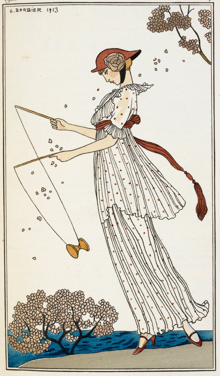Een vrouw in een bedrukte witte linnen jurk, spelend met een speelgoed door Georges Barbier